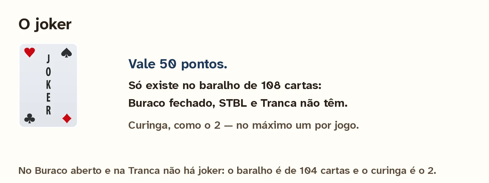 O joker, curinga que vale cinquenta pontos e só existe no baralho de 108 cartas.