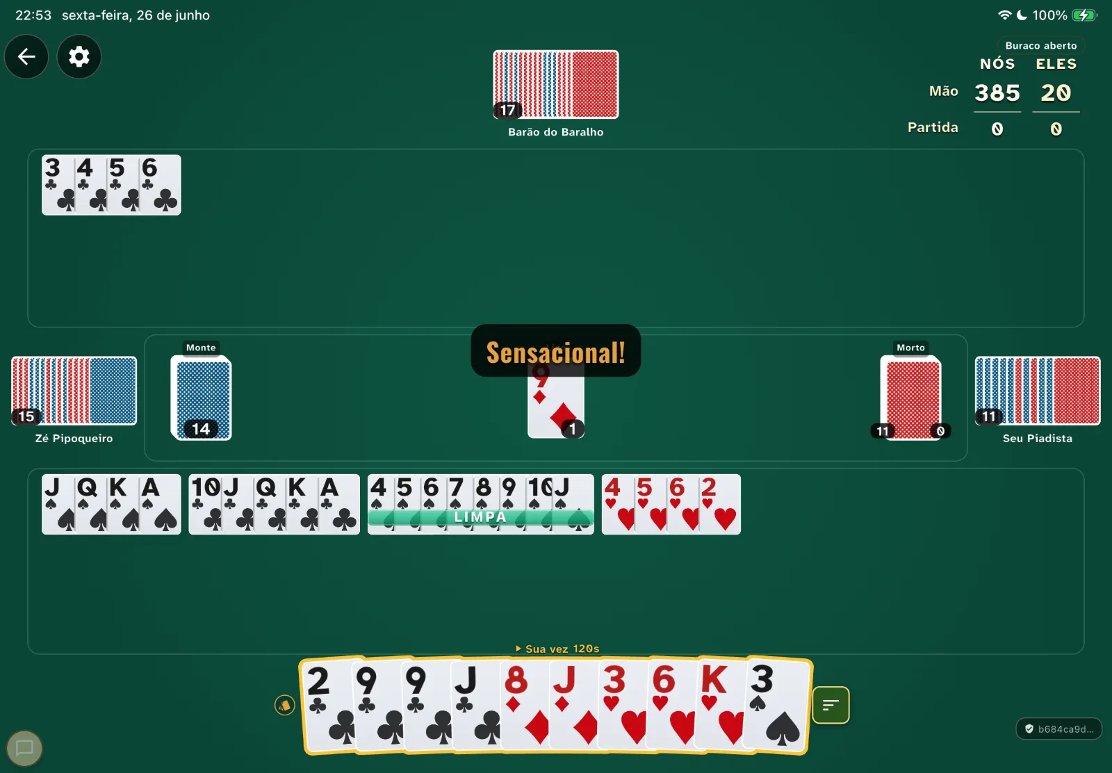A mesa de Buraco do Jogada com cartas grandes e o placar Nós x Eles.