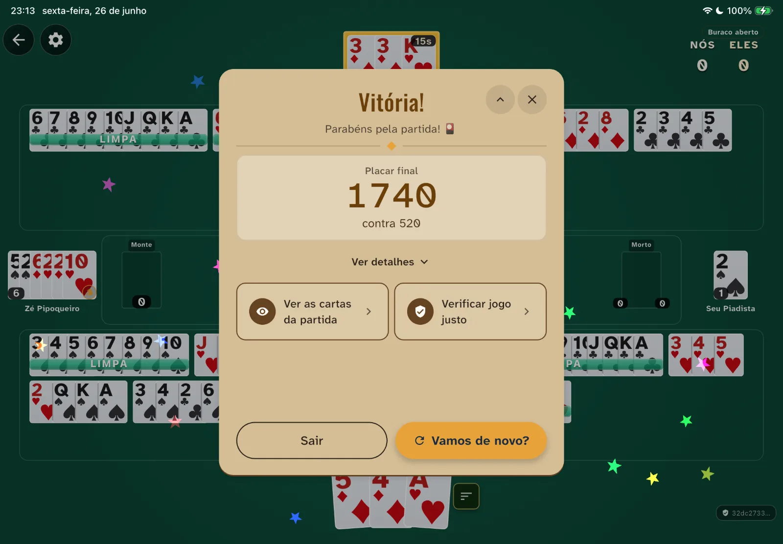 Tela de vitória do Jogada com o placar final da partida.