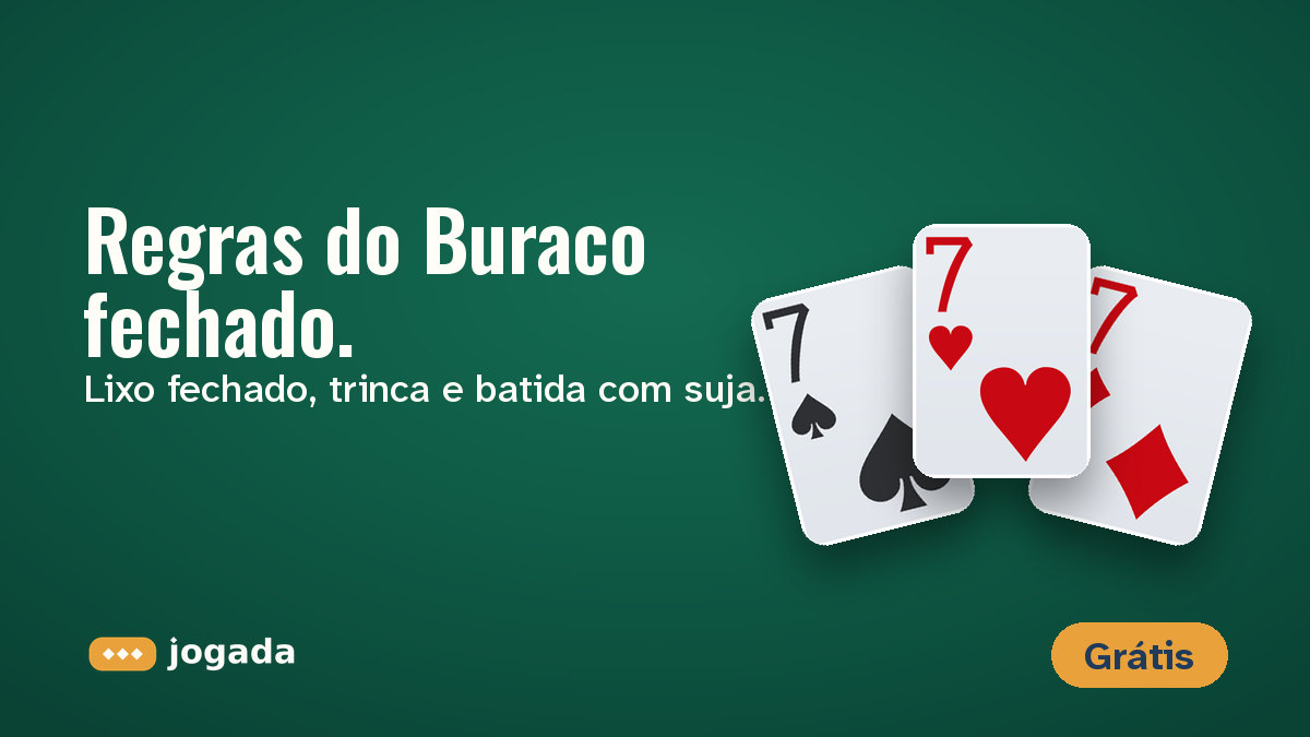 Trinca de setes de espadas, copas e ouros sobre o feltro, com a frase: Regras do Buraco fechado.